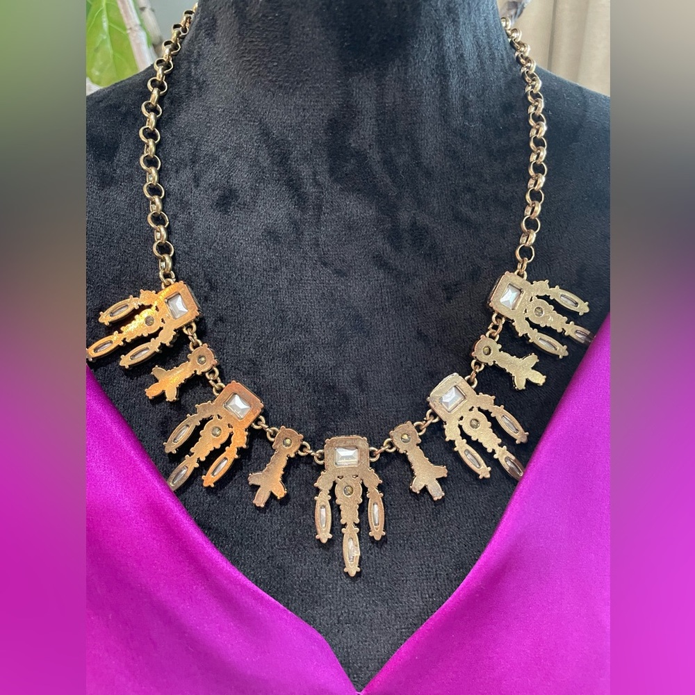 Goldtone & Crystal Art Deco Statement Bib Necklace - Picture 13 of 15